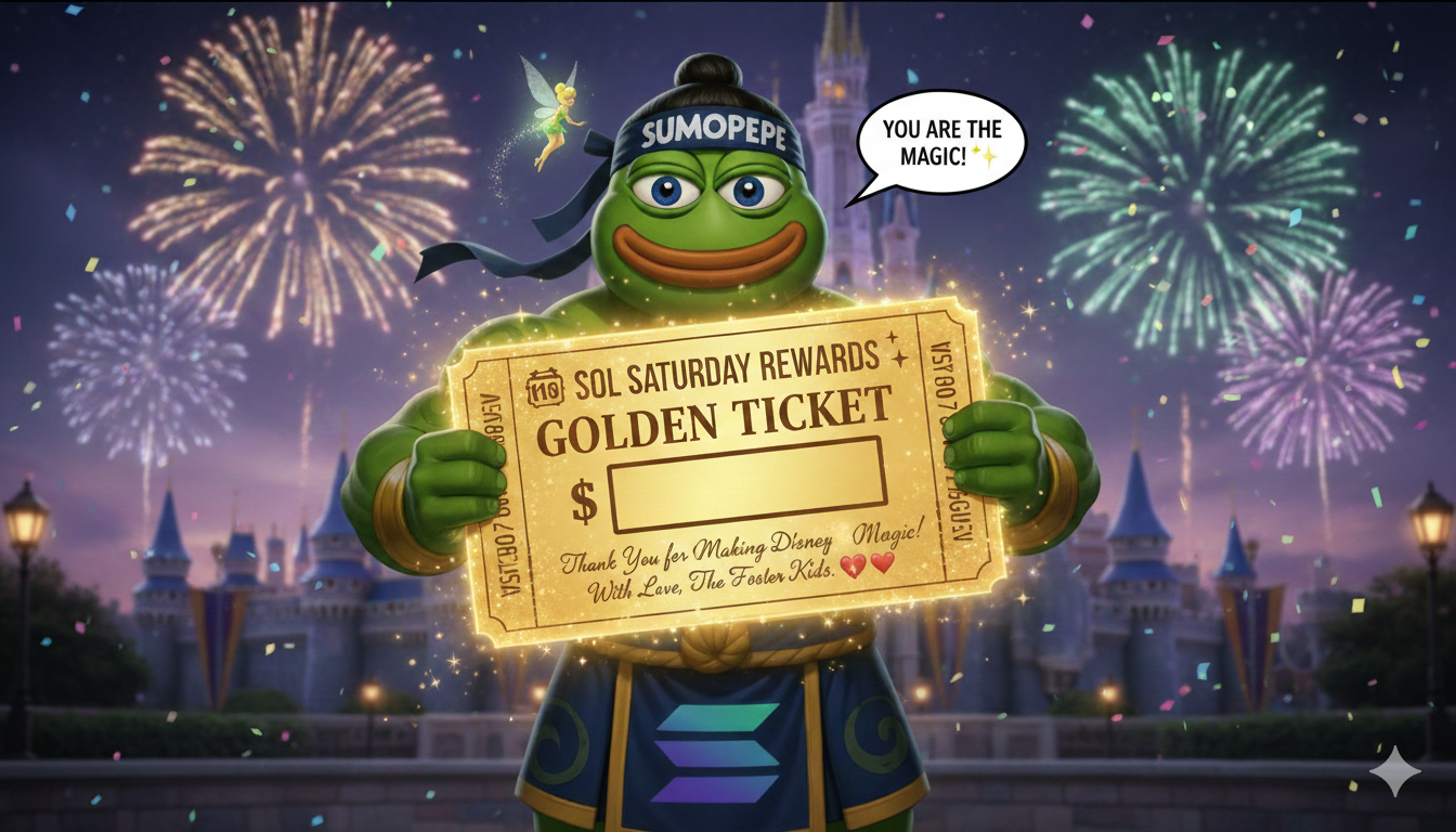 SUMOPEPE holds the SOL Saturday Golden Ticket in front of Disney Castle